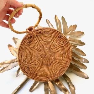 Round Woven Rattan Evening Bag, Bamboo Hoop Handle